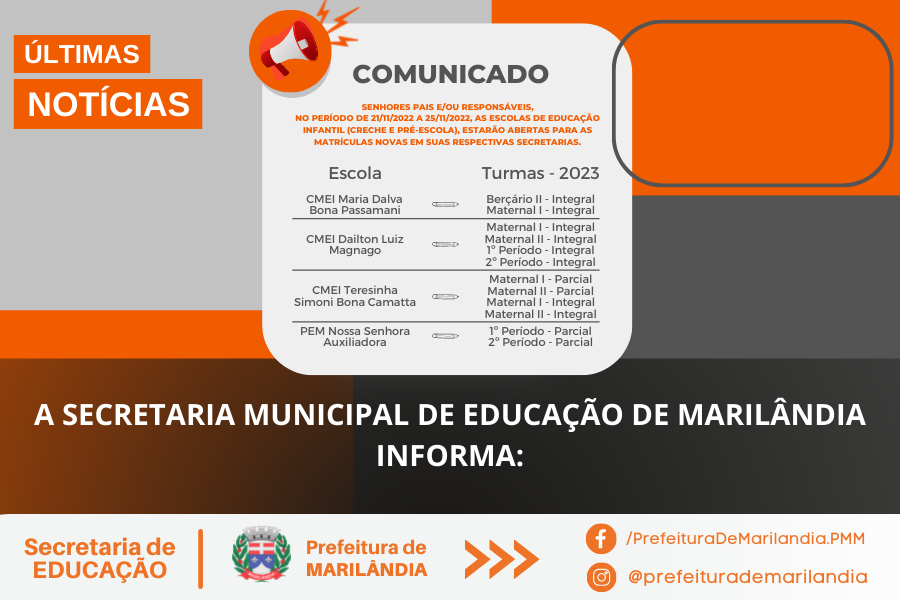 A SECRETARIA MUNICIPAL DE EDUCAÇÃO DE MARILÂNDIA  INFORMA: