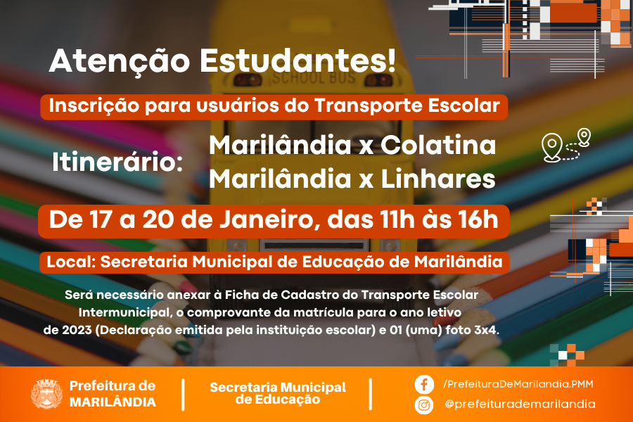 ATENÇÃO ESTUDANTES, INSCRIÇÕES PARA USUÁRIO DO TRASNPORTE ESCOLAR! 